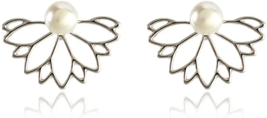 Jumwrit Lotus Flower Ear Jacket Earrings Hollow Lotus Earrings Pearl and Rhinestone Stud Earrings Front Back Ear Cuffs Stud Earrings Chic Earrings SetSilver