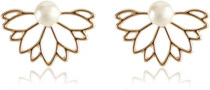 Jumwrit Lotus Flower Ear Jacket Earrings Hollow Lotus Pearl Stud Earrings Chic Front Back Ear CuffsGold