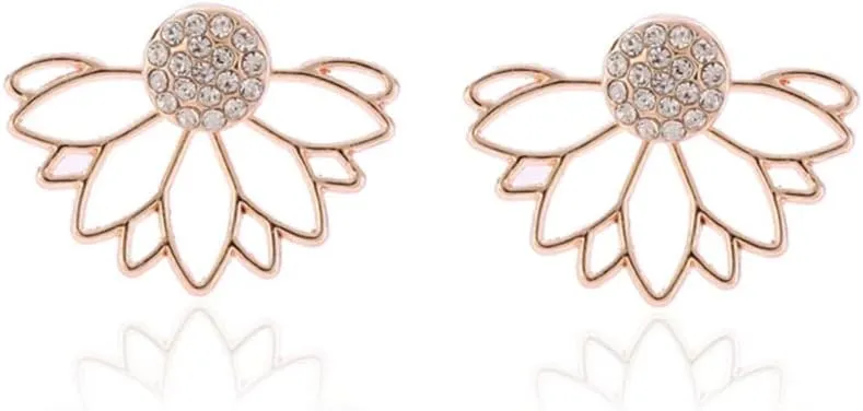 Jumwrit Lotus Flower Ear Jacket Earrings Hollow Lotus Rhinestone Stud Earrings Front Back Ear CuffsRose Gold