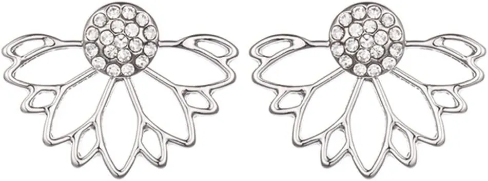 Jumwrit Lotus Flower Ear Jacket Earrings Hollow Lotus Rhinestone Stud Earrings Front Back Ear CuffsSilver