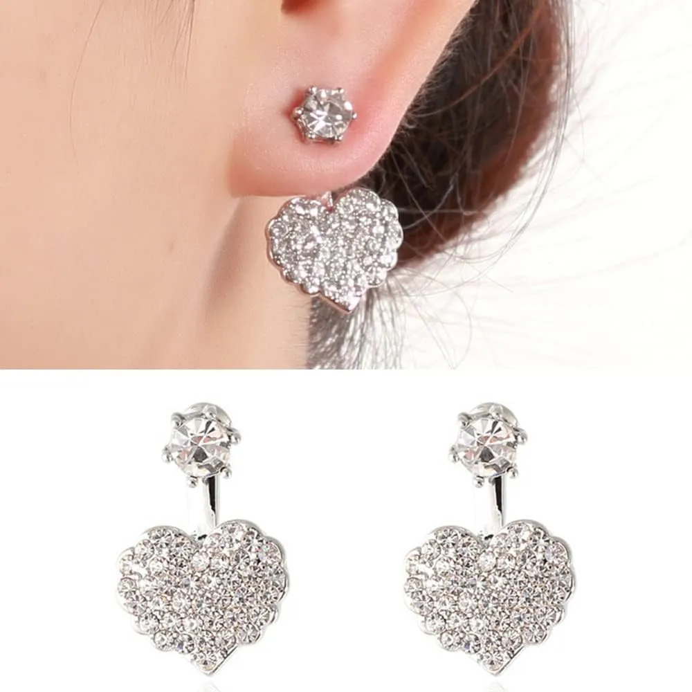 Jumwrit Silver Rhinestone Heart Dangle Earrings - Ear Jacket Cuffs & Studs - Hypoallergenic & Lightweight - Perfect for Parties, Prom & Daily Wear