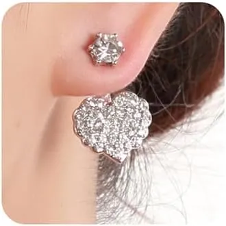 Jumwrit Silver Rhinestone Heart Dangle Earrings - Ear Jacket Cuffs & Studs - Hypoallergenic & Lightweight - Perfect for Parties, Prom & Daily Wear