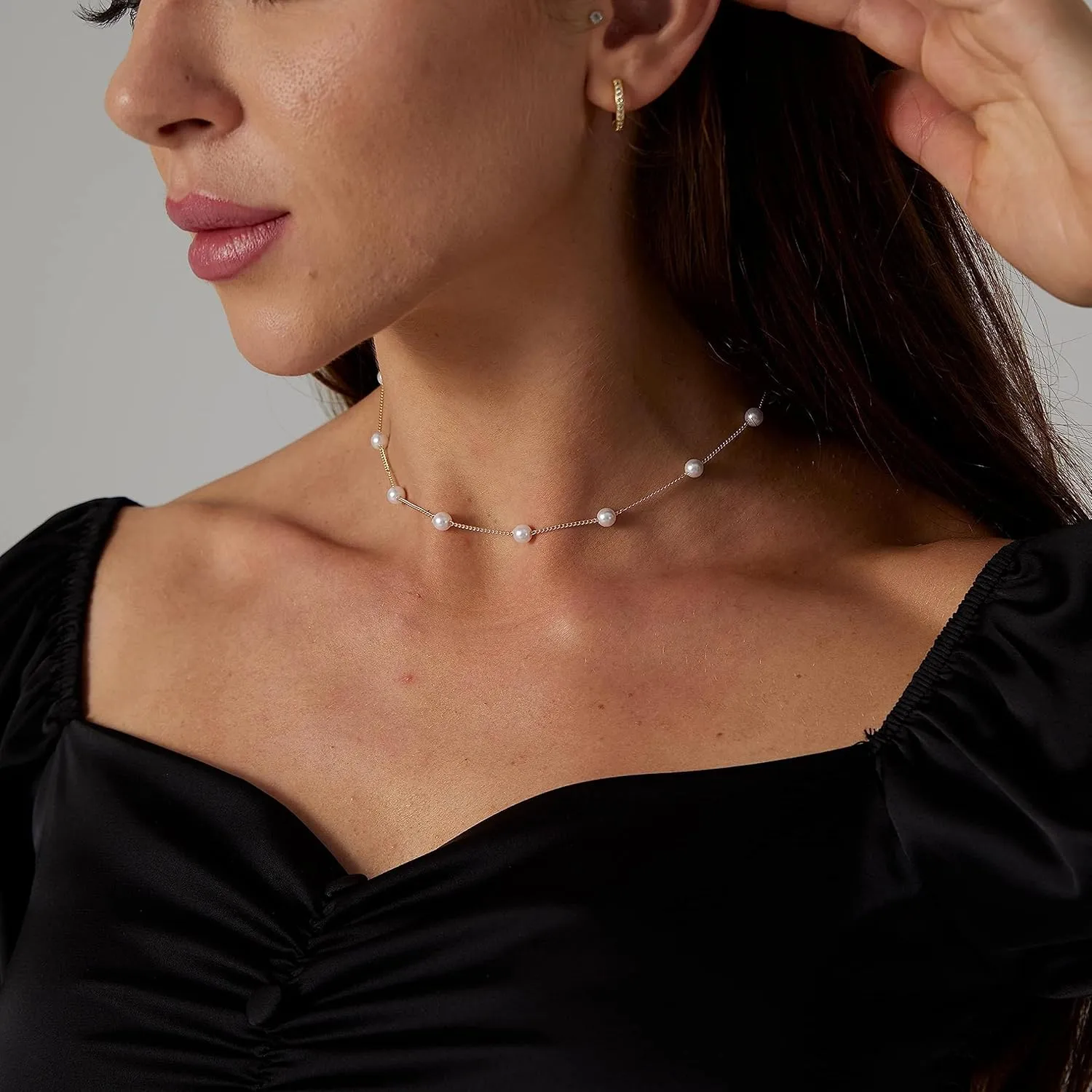 Kyerlyn Dainty Pearl Pendant Necklaces for Women 14K Gold Plated Handmade Layered Pearl Chain Necklace Delicate Layered Pearl Necklace Everyday Jewelry Gift