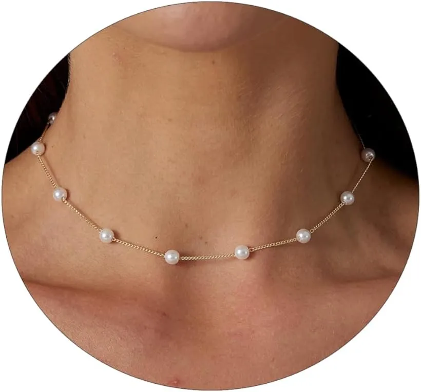 Kyerlyn Dainty Pearl Pendant Necklaces for Women 14K Gold Plated Handmade Layered Pearl Chain Necklace Delicate Layered Pearl Necklace Everyday Jewelry Gift