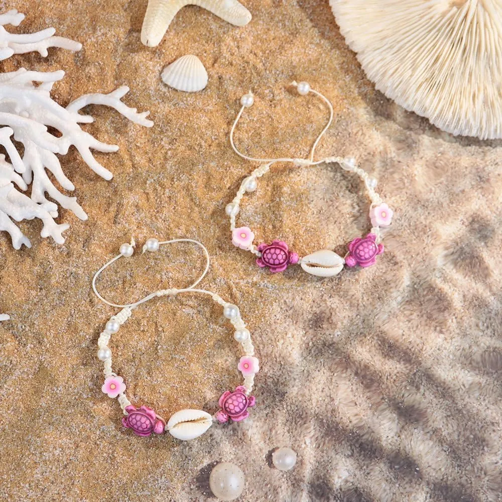KZL 2 Pcs Boho Turtle Starfish Shell Bracelets Anklet for Women Handmade Natural Shell Braided Woven Rope Stretch Bracelets Set Summer Boho Hawaii Beach Holiday Jewelry