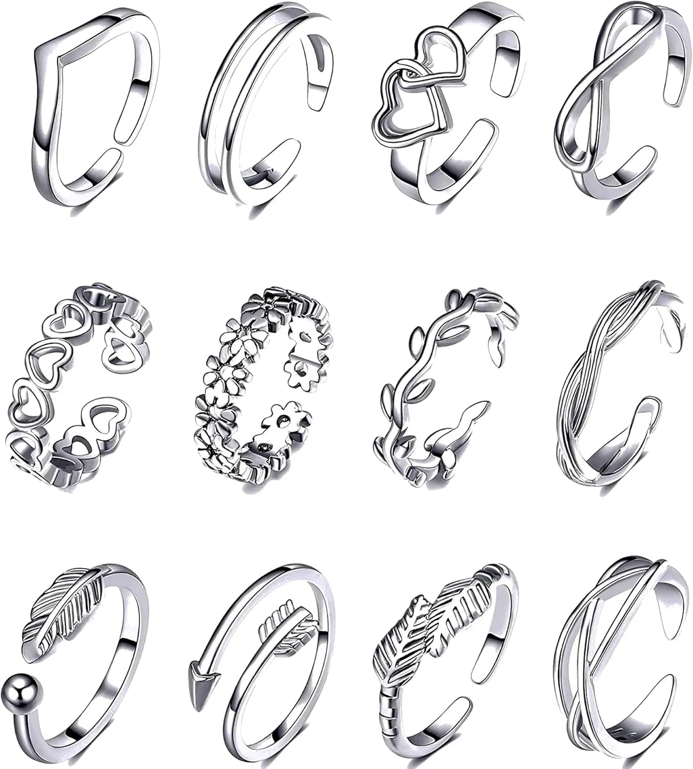 LAKIYOYO 12PCS Toe Rings for Women Adjustable Band Rings Vintage Retro Celtic Knot Arrow Wave Flower CZ Open Toe Ring