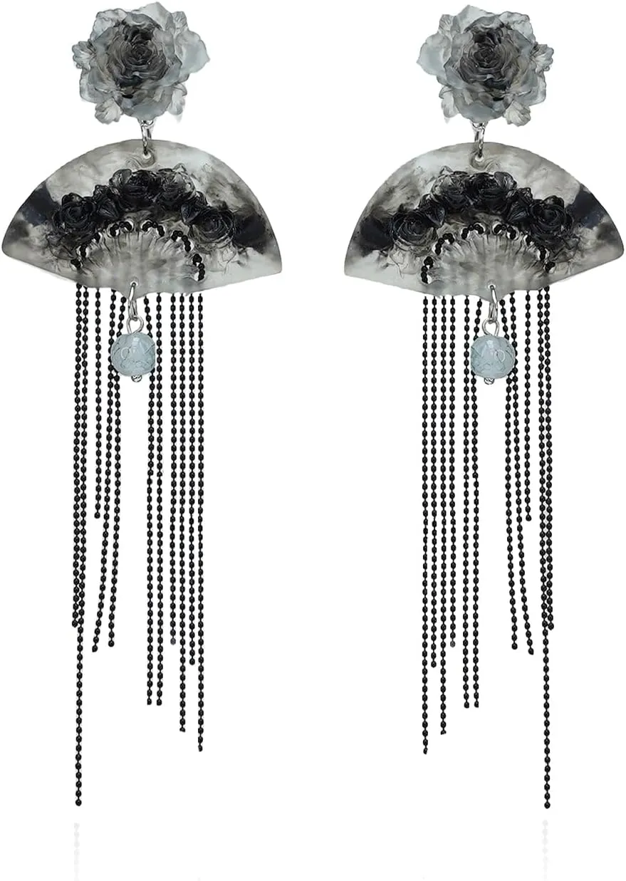 Large Black Rose Fan Tassel Resin Dangling Earrings for Women Sector Aesthetic Earrings Cheongsam Antique Cool Chinese Japanese Vintage Long Sterling Silver Stud Statement Pretty Jewelry