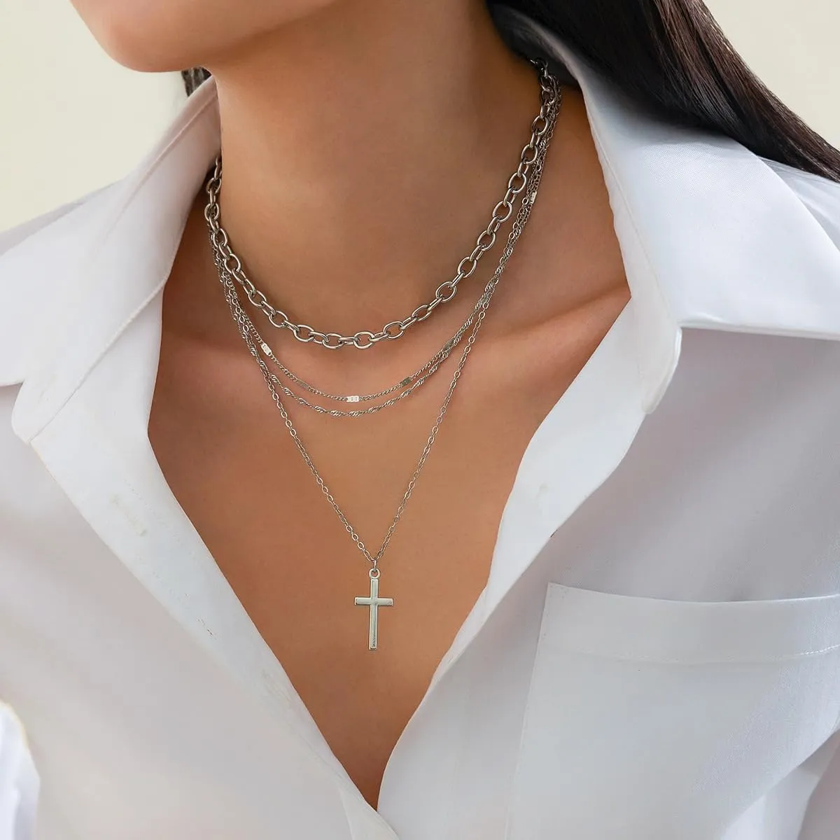 Layered Choker Gold Cross Necklace for Women Trendy,14k Gold Plated Chunky Stackable Chain Cross Pendant Necklaces Jewelry Accessories