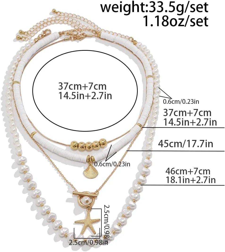 Layered Gold Pearl Choker Necklaces Set for Women,Stackable Starfish Shell Pendant Necklaces,Puka Shell Necklace,Sea Shell Pearl Necklace for Women,Starfish Charm Choker Necklace Summer Beach Jewelry