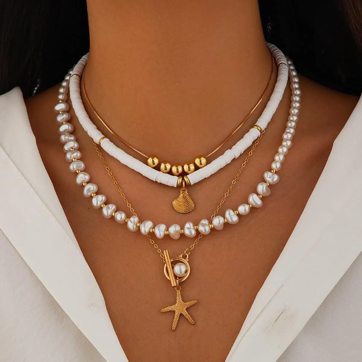 Layered Gold Pearl Choker Necklaces Set for Women,Stackable Starfish Shell Pendant Necklaces,Puka Shell Necklace,Sea Shell Pearl Necklace for Women,Starfish Charm Choker Necklace Summer Beach Jewelry