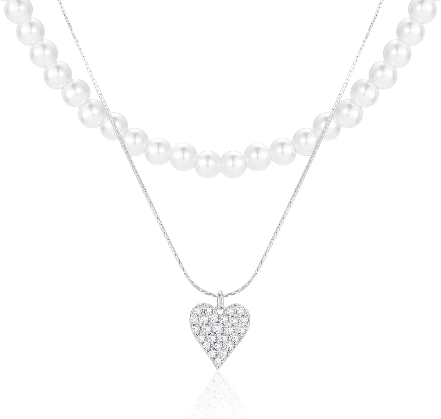Layered Pearl Necklaces for Women - 16K Gold Plated Love Inlaid Zircon Pendant Choker Dainty Necklace Jewelry