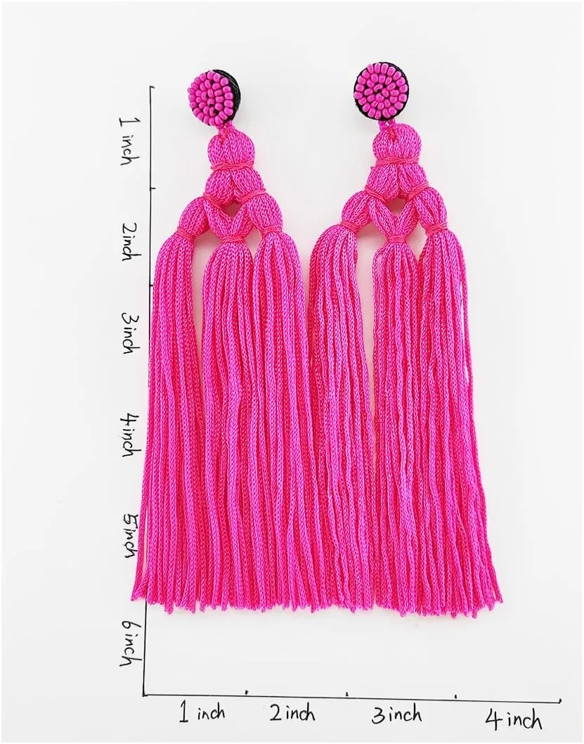 Long Big Large Tassel Dangle Earrings for Women with Beaded Stud