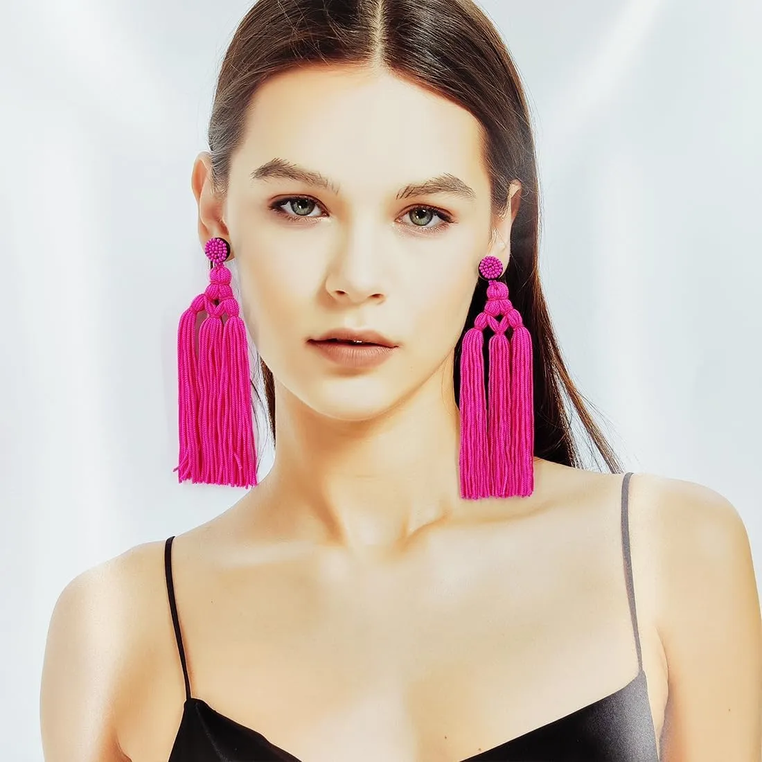 Long Big Large Tassel Dangle Earrings for Women with Beaded Stud