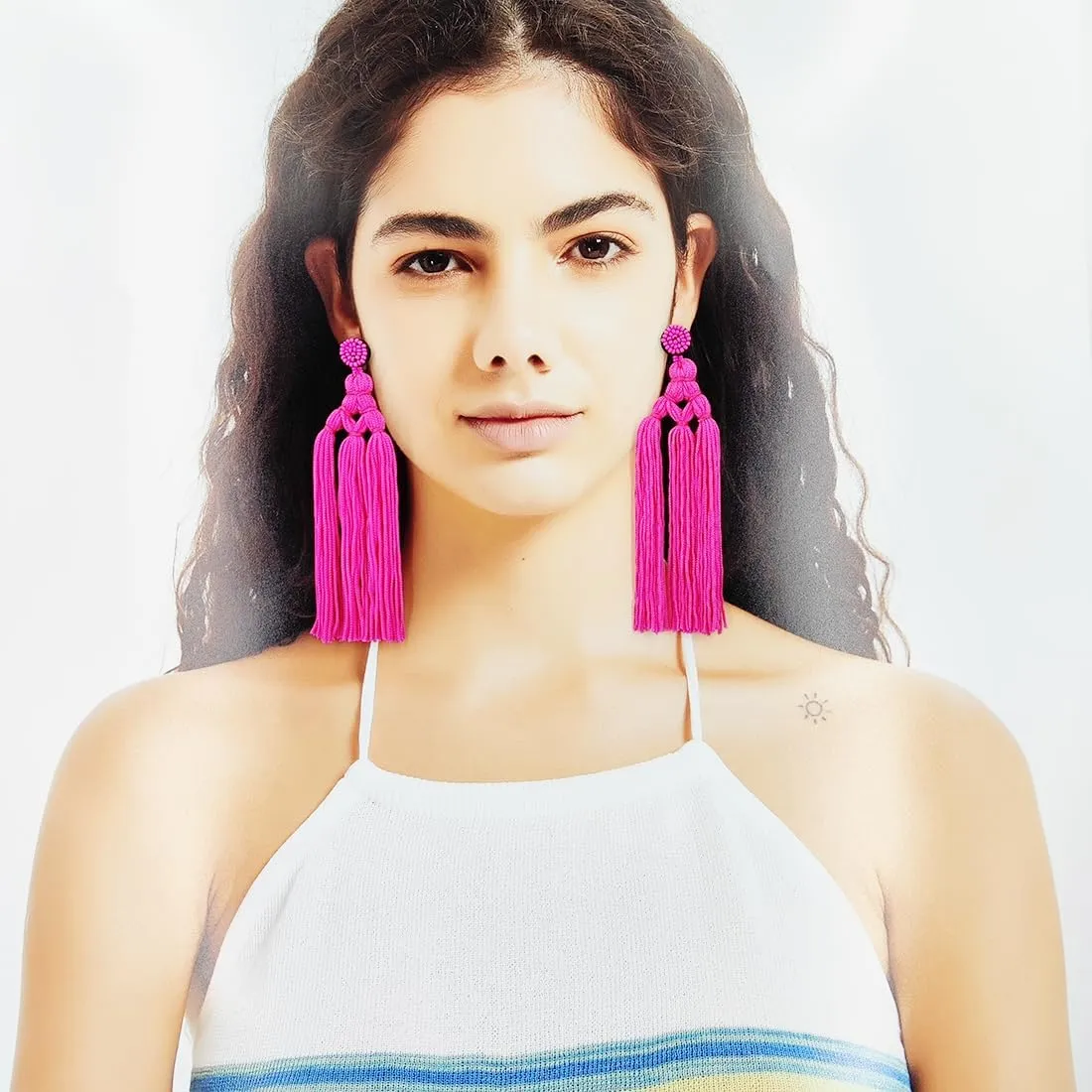 Long Big Large Tassel Dangle Earrings for Women with Beaded Stud