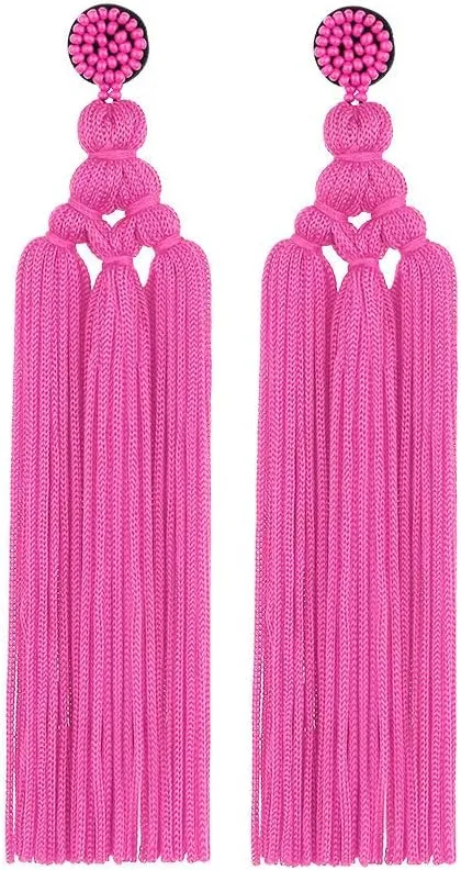 Long Big Large Tassel Dangle Earrings for Women with Beaded Stud
