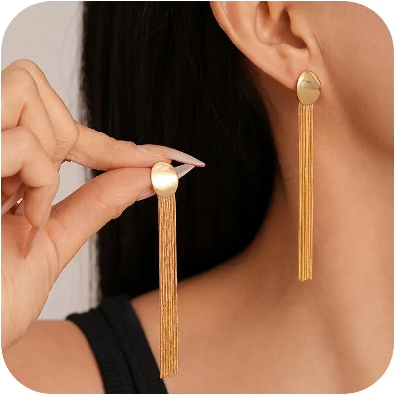 Long Gold Tassel Earrings for Women Trendy Oval Disc Chandelier Earrings Elegant Gold Long Fringe Drop Ear-Rings Wedding Party Prom Jewelry Accessories for Her