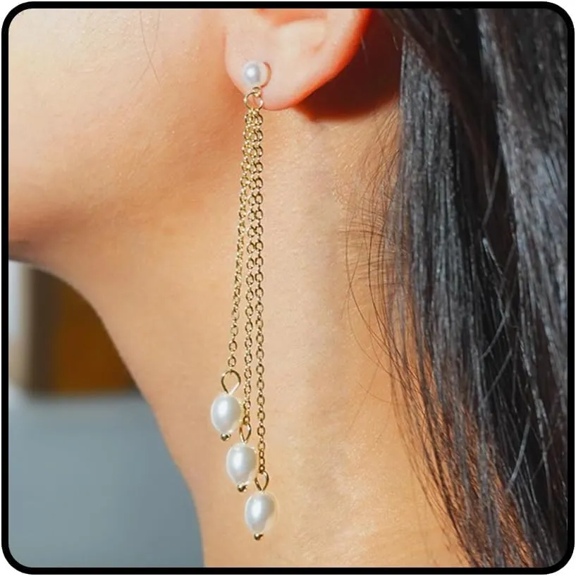 Long Pearl Tassel Earrings for Women 14k Gold Plated Pearl Dangle Earrings Elegant Wedding Party Prom Ear Jewelry Gift for Her