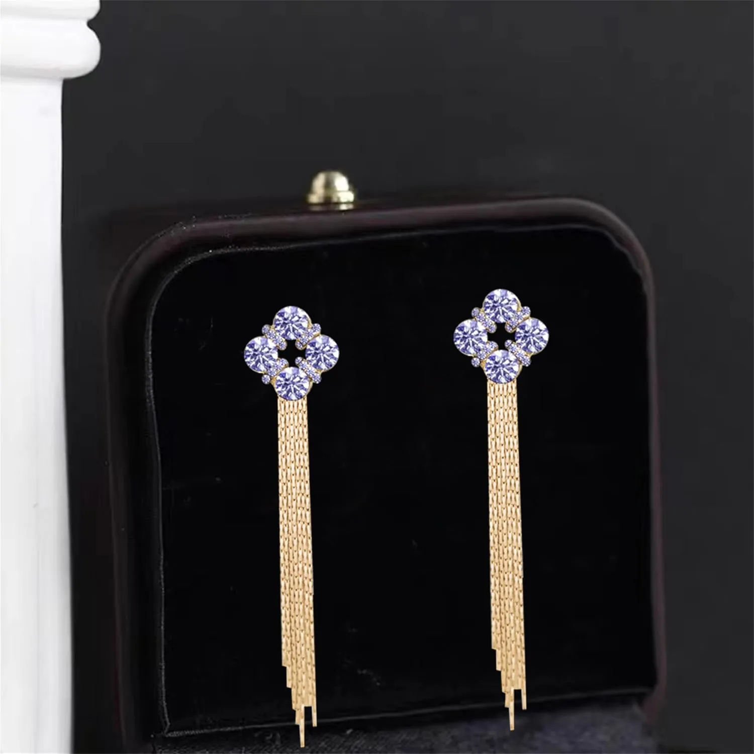 Long Sparkly Crystal Flower Metal Tassel Dangle Drop Earrings for Woman Teen Elegant Chic 14k Gold Rhinestone Floral Metal Chain Stud Earrings Wedding Party Bridesmaid Jewelry Gifts