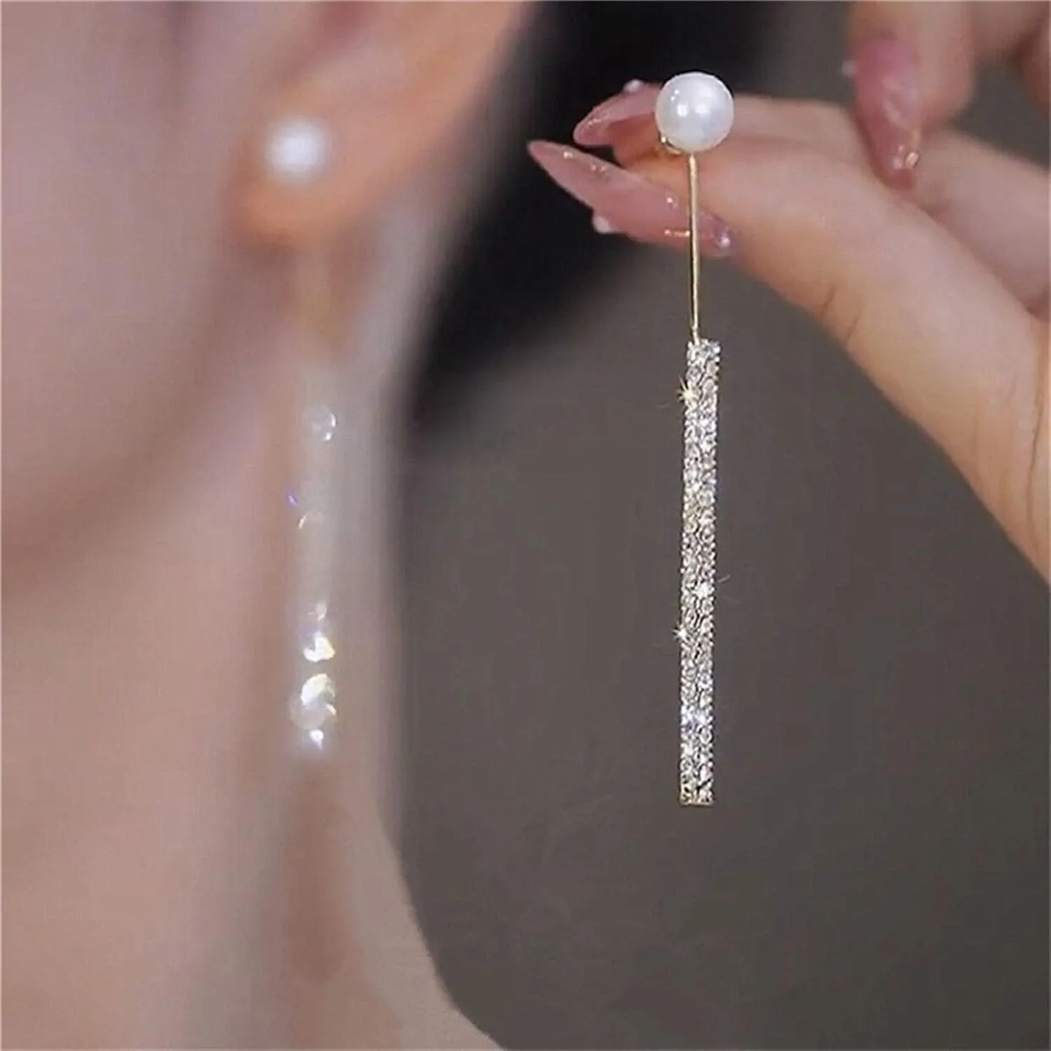 Long Tassel Pearl Dangle Earrings Crystal Bow Earrings Charm Shiny Rhinestone Drop Earrings Wedding Party Long Earrings for Women
