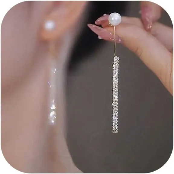 Long Tassel Pearl Dangle Earrings Crystal Bow Earrings Charm Shiny Rhinestone Drop Earrings Wedding Party Long Earrings for Women