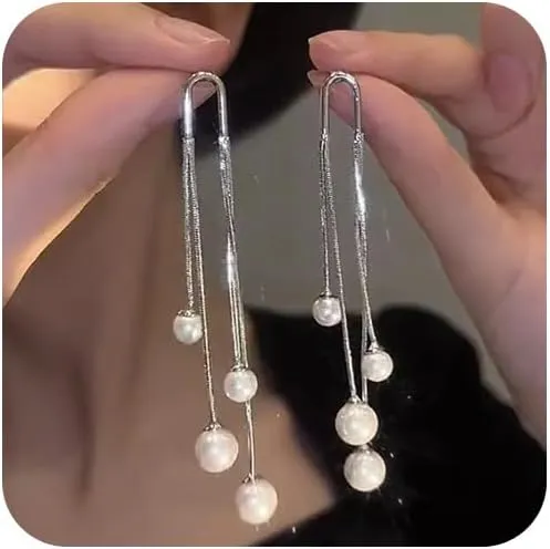 Long Tassel Pearl Dangle Earrings Dainty Rhinestone Tassel Earrings Pearl Drop Earrings Hypoallergenic Elegant Wedding Party Bridal Jewelry Gift for Women