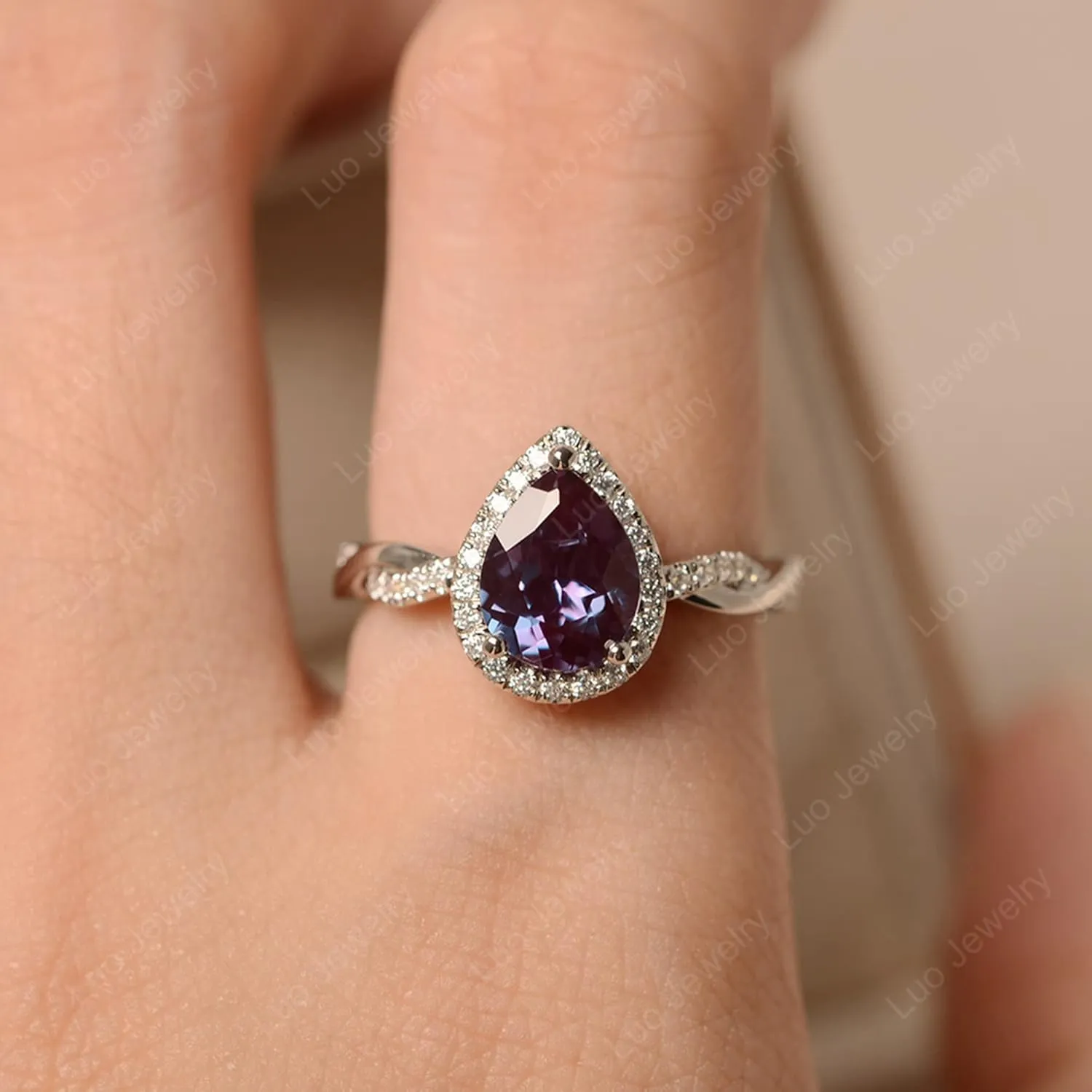 LUO 925 Sterling Silver Twist Rings Pear Shaped Halo Gemstone Ring Engagement Statement Ring for Women