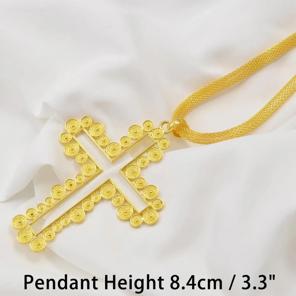 LUSSO 14K Filled Gold Ethiopian Cross Necklace For Women, Ethiopian Big Cross Pendant Necklaces Eritrean African Ethnic Traditional Jewelry, Ethiopian Cross Jewelry