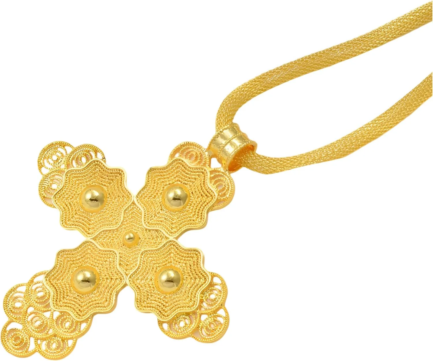 LUSSO 14K Filled Gold Ethiopian Cross Necklace For Women, Ethiopian Big Cross Pendant Necklaces Eritrean African Ethnic Traditional Jewelry, Ethiopian Cross Jewelry
