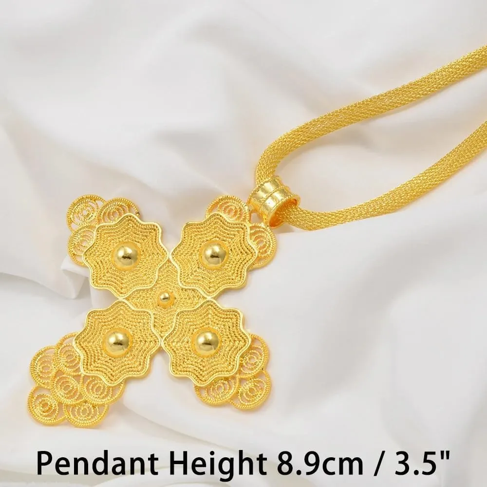 LUSSO 14K Filled Gold Ethiopian Cross Necklace For Women, Ethiopian Big Cross Pendant Necklaces Eritrean African Ethnic Traditional Jewelry, Ethiopian Cross Jewelry