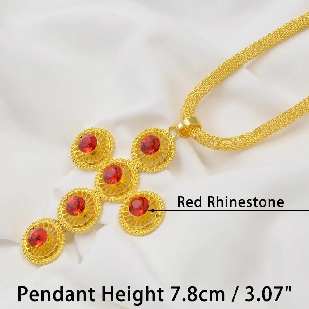 LUSSO 14K Filled Gold Ethiopian Cross Necklace For Women, Ethiopian Big Cross Pendant Necklaces Eritrean African Ethnic Traditional Jewelry, Ethiopian Cross Jewelry