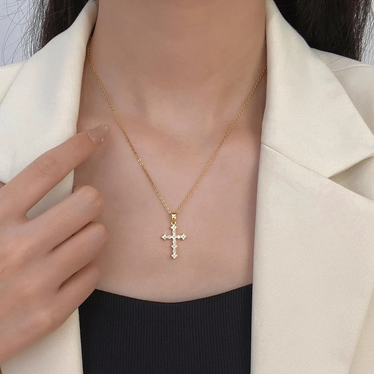 Lyvur Cross Necklace for Women 14 K Gold Plated Crystal Cross Necklaces Ribbon Pendant with Diamond for Women Trendy Jewelry Gifts