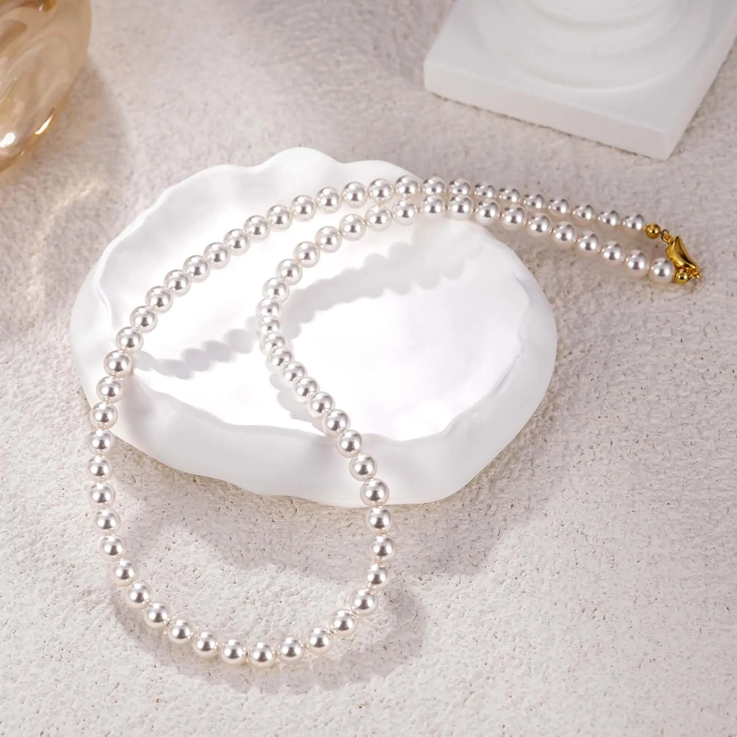 Mameloly Pearl Necklaces for Women Dainty 925 Sterling Silver 18K Gold Plated 6MM Simulated White Pearl Choker Necklace Strand for Her Engagement Wedding Birdal