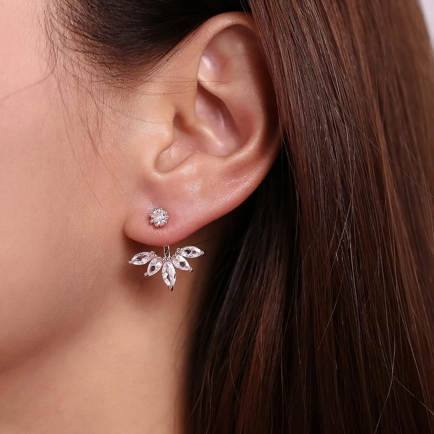 Marquise Ear Jacket Earrings Cubic Zirconia Front & Back Statement Stud Earrings Bridal Cluster Earrings