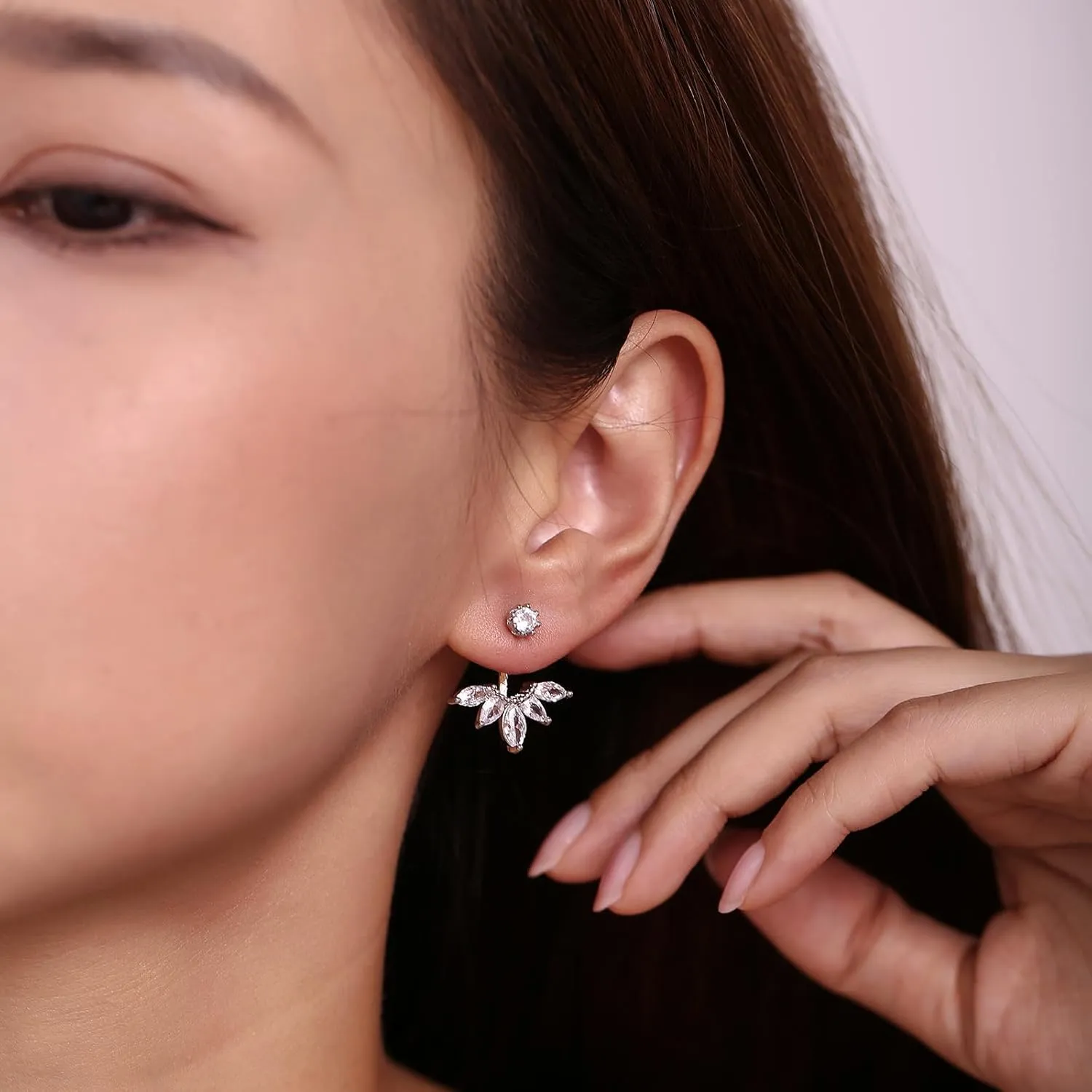 Marquise Ear Jacket Earrings Cubic Zirconia Front & Back Statement Stud Earrings Bridal Cluster Earrings