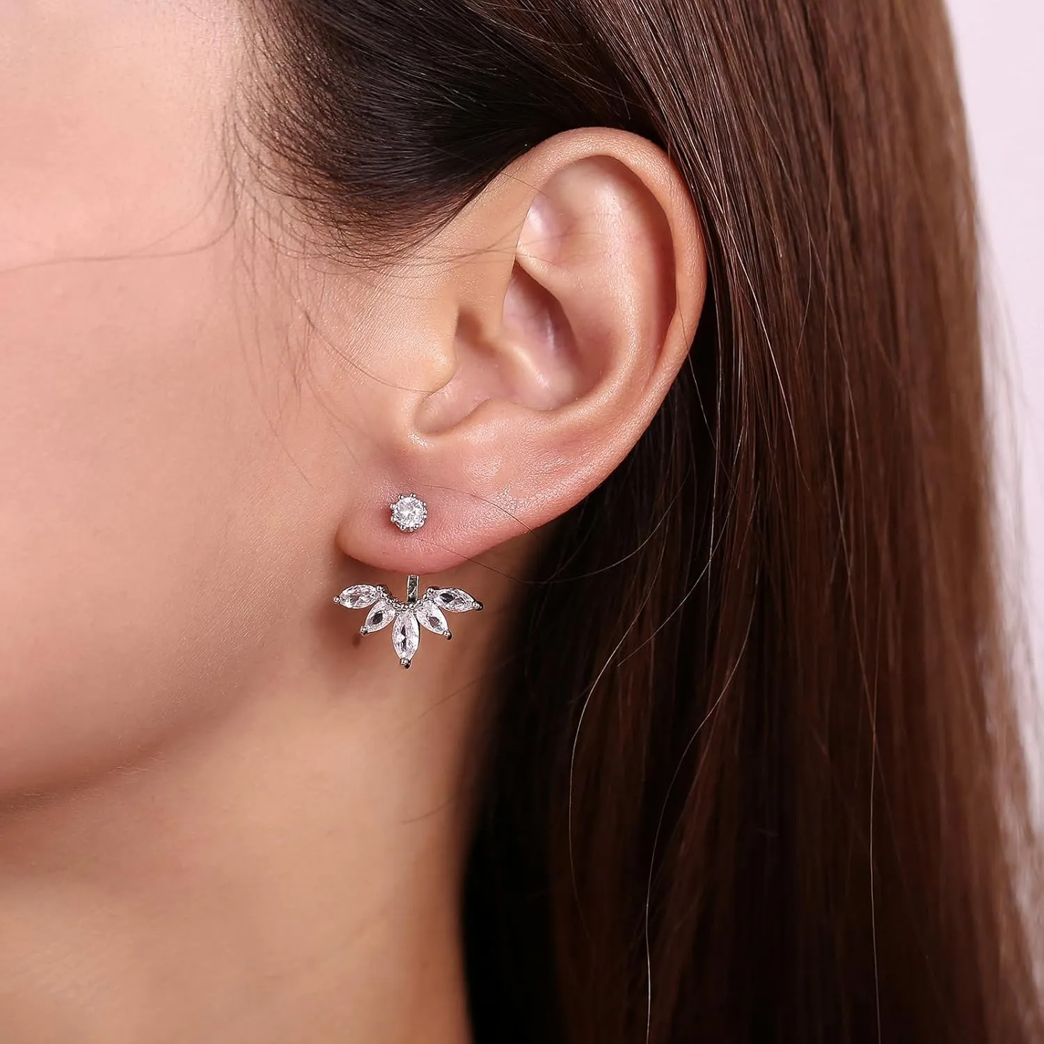Marquise Ear Jacket Earrings Cubic Zirconia Front & Back Statement Stud Earrings Bridal Cluster Earrings