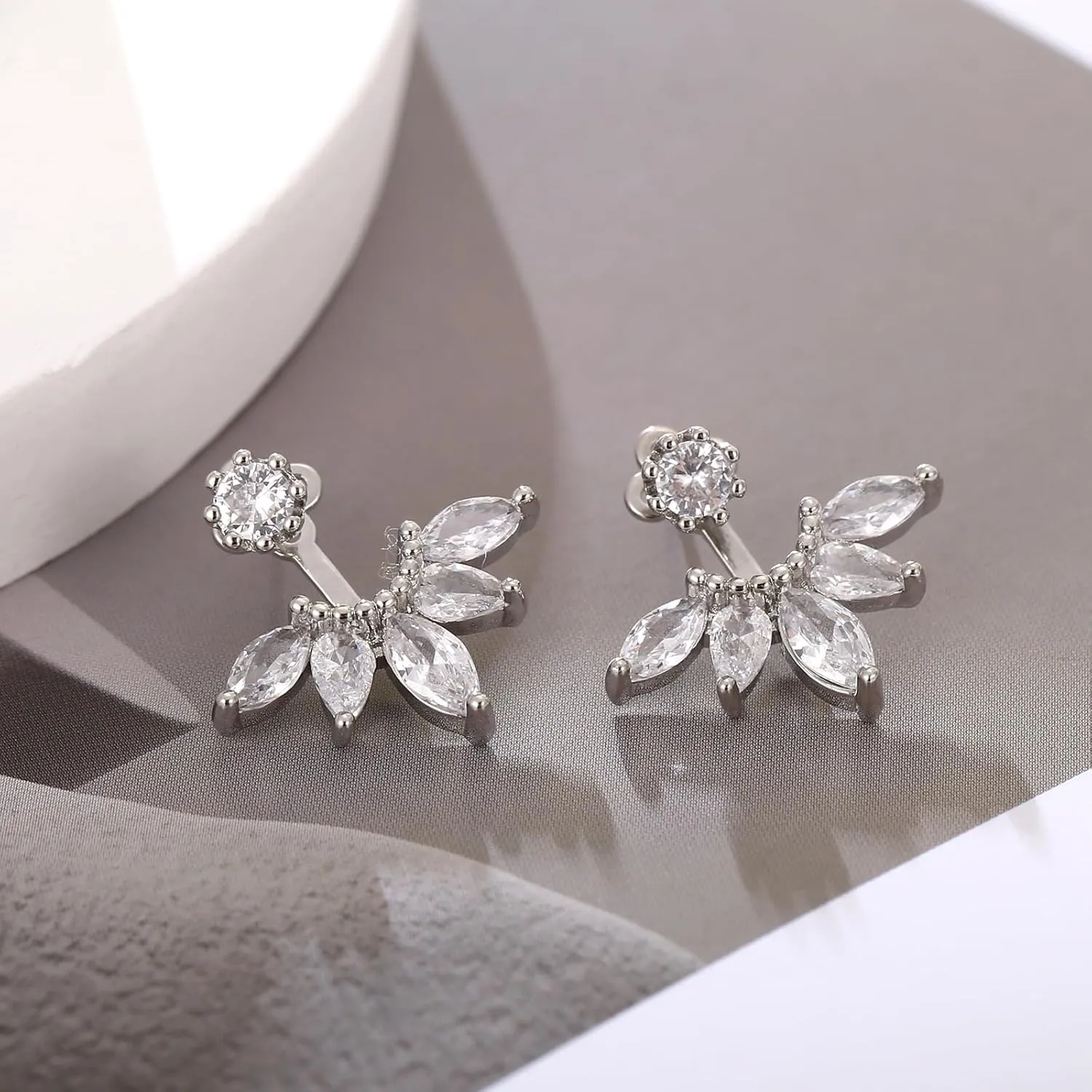 Marquise Ear Jacket Earrings Cubic Zirconia Front & Back Statement Stud Earrings Bridal Cluster Earrings