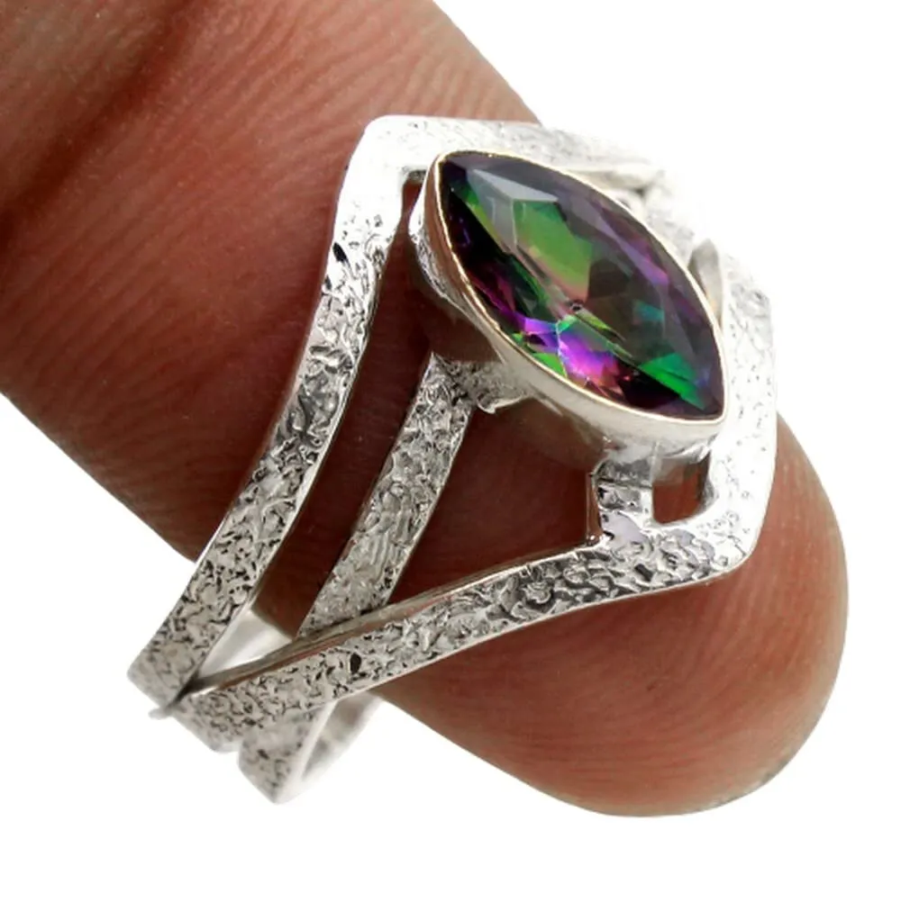 Marquise Mystic Topaz Solid 925 Sterling Silver Handmade Ring Bands For Womens, Valentines Day Gift Jewelry