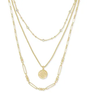 Medallion Coin Triple Strand Necklace Gold Metal