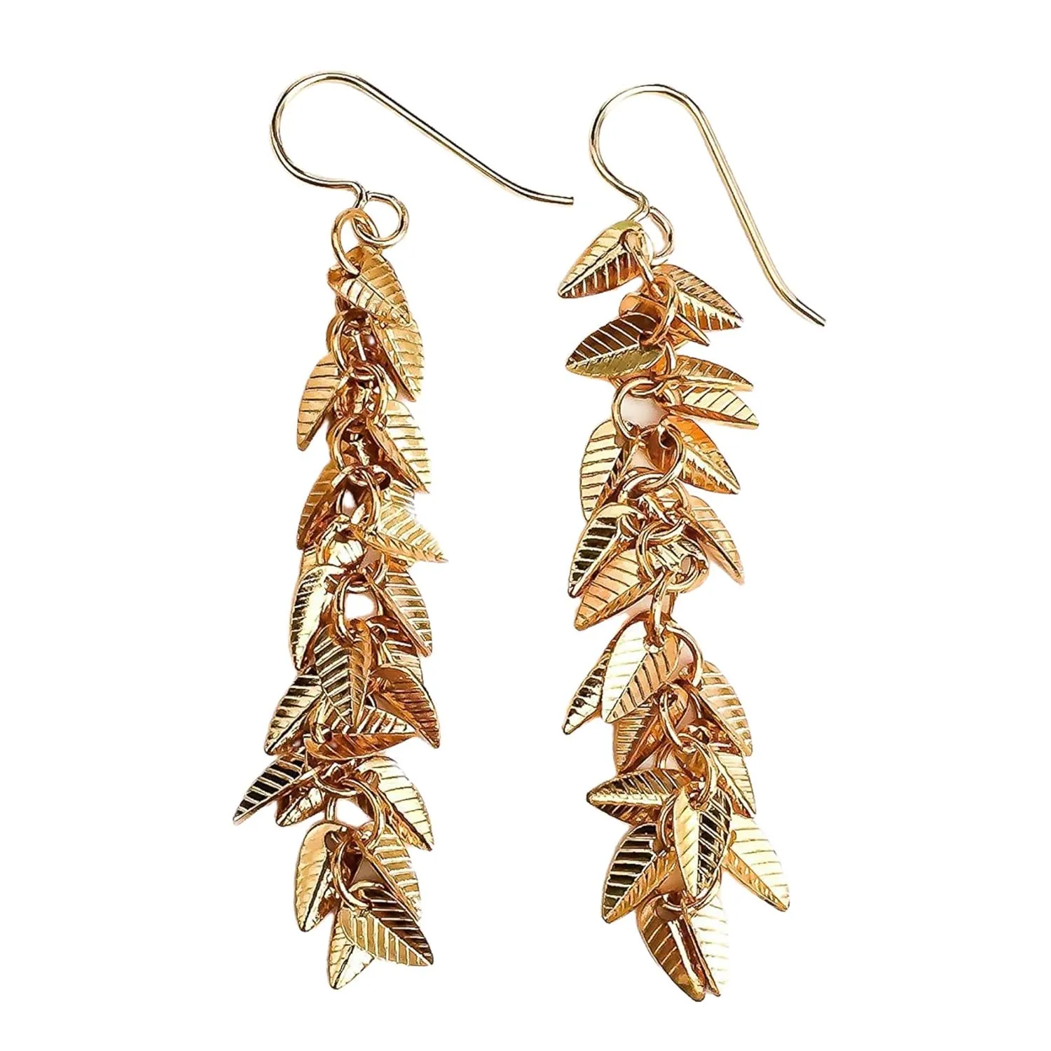 Melanie Golden Artisan Jewelry Textured Pattern Tassel Fringe Dangle Drop Earrings | Multiple Styles | Long Statement Earrings in Gold or Silver (14K Gold Fill, Falling Leaves Tassel)
