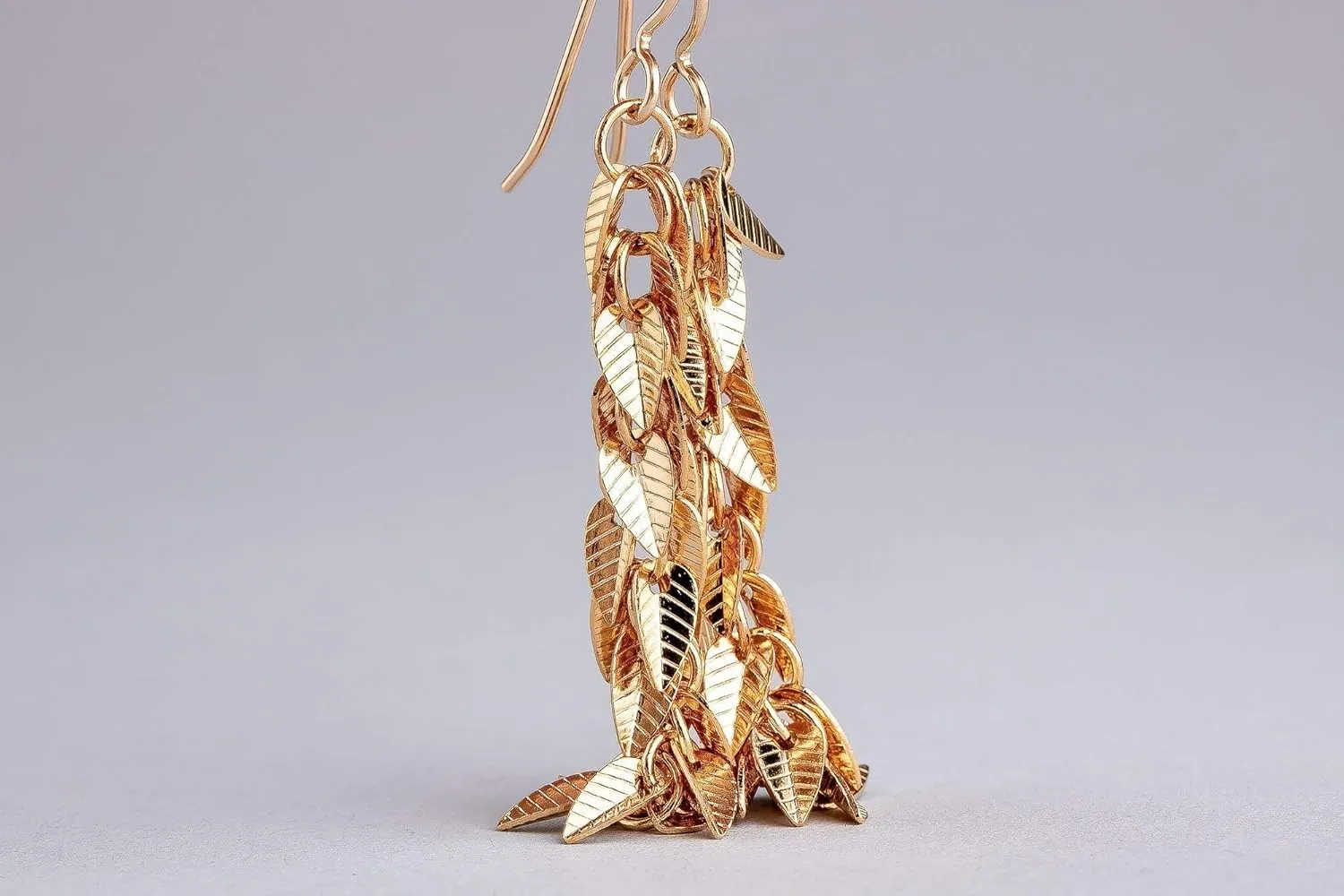 Melanie Golden Artisan Jewelry Textured Pattern Tassel Fringe Dangle Drop Earrings | Multiple Styles | Long Statement Earrings in Gold or Silver (14K Gold Fill, Falling Leaves Tassel)