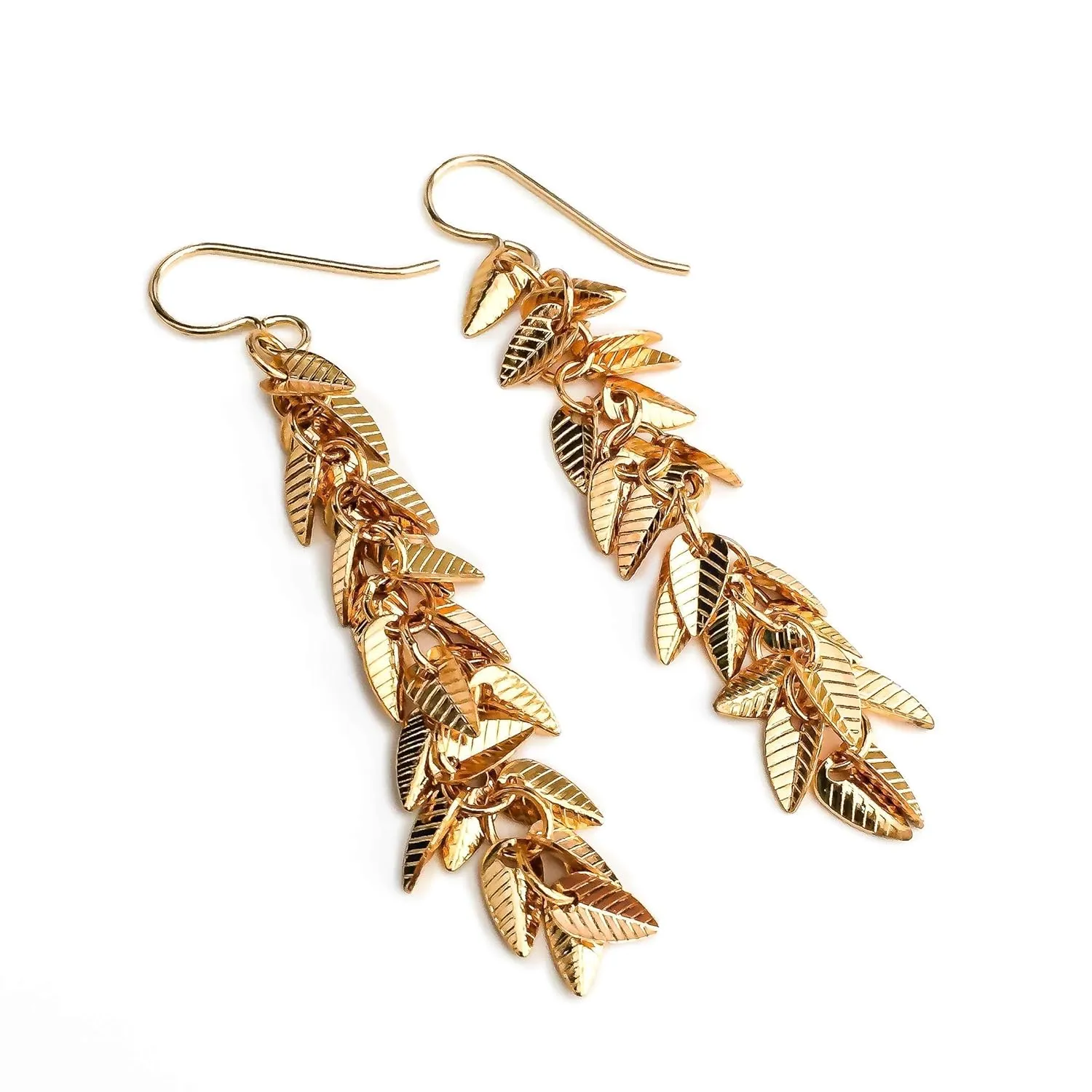 Melanie Golden Artisan Jewelry Textured Pattern Tassel Fringe Dangle Drop Earrings | Multiple Styles | Long Statement Earrings in Gold or Silver (14K Gold Fill, Falling Leaves Tassel)
