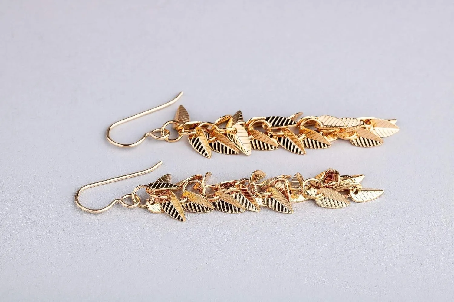 Melanie Golden Artisan Jewelry Textured Pattern Tassel Fringe Dangle Drop Earrings | Multiple Styles | Long Statement Earrings in Gold or Silver (14K Gold Fill, Falling Leaves Tassel)
