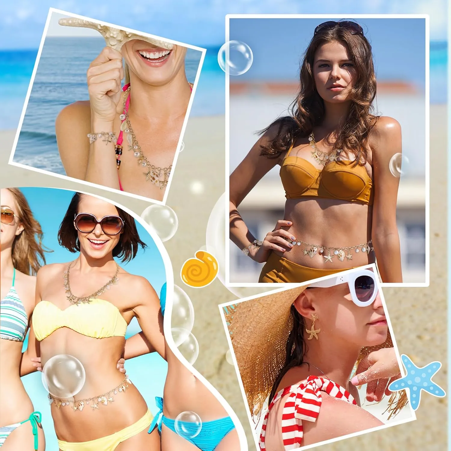 Mermaid Costume Jewelry Set for Women Shell Necklaces Waist Chain Bracelets Earring Set Shell Waist Set Boho Summer Beach Vacation Jewelry Pearl Seashell Waist Necklace Set Body Chain Set Mermaid Accessorie