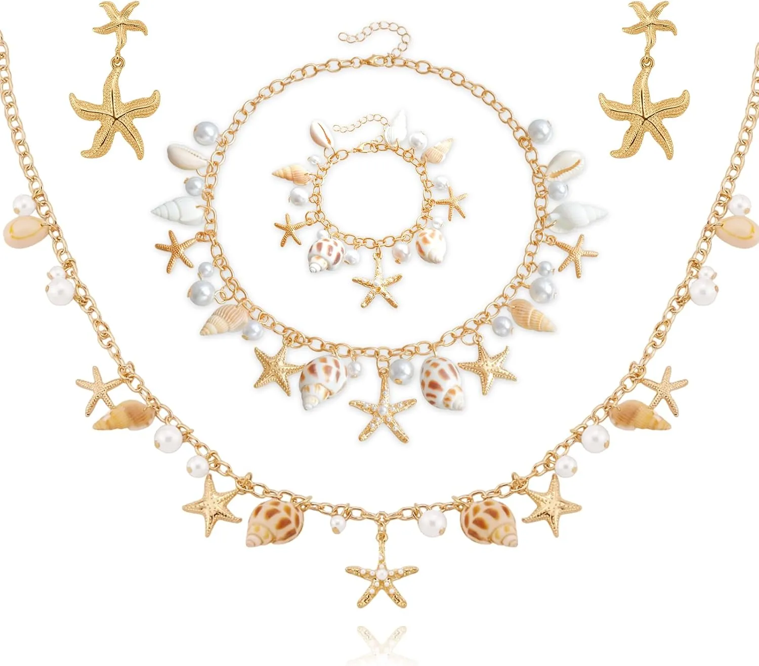 Mermaid Costume Jewelry Set for Women Shell Necklaces Waist Chain Bracelets Earring Set Shell Waist Set Boho Summer Beach Vacation Jewelry Pearl Seashell Waist Necklace Set Body Chain Set Mermaid Accessorie