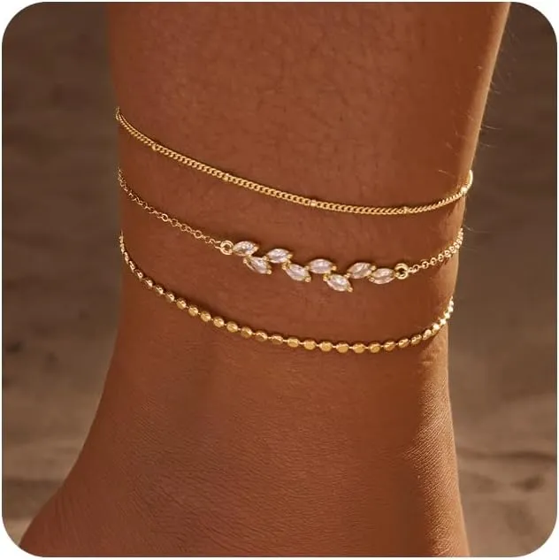 MIDEEO Gold/Silver Ankle Bracelets for Women,14K Gold Anklets for Women Waterproof Cuban Link Heart Beads Herringbone Rhinestone Anklets Set Layered Anklet Bracelets for Women Gold Jewelry Gift