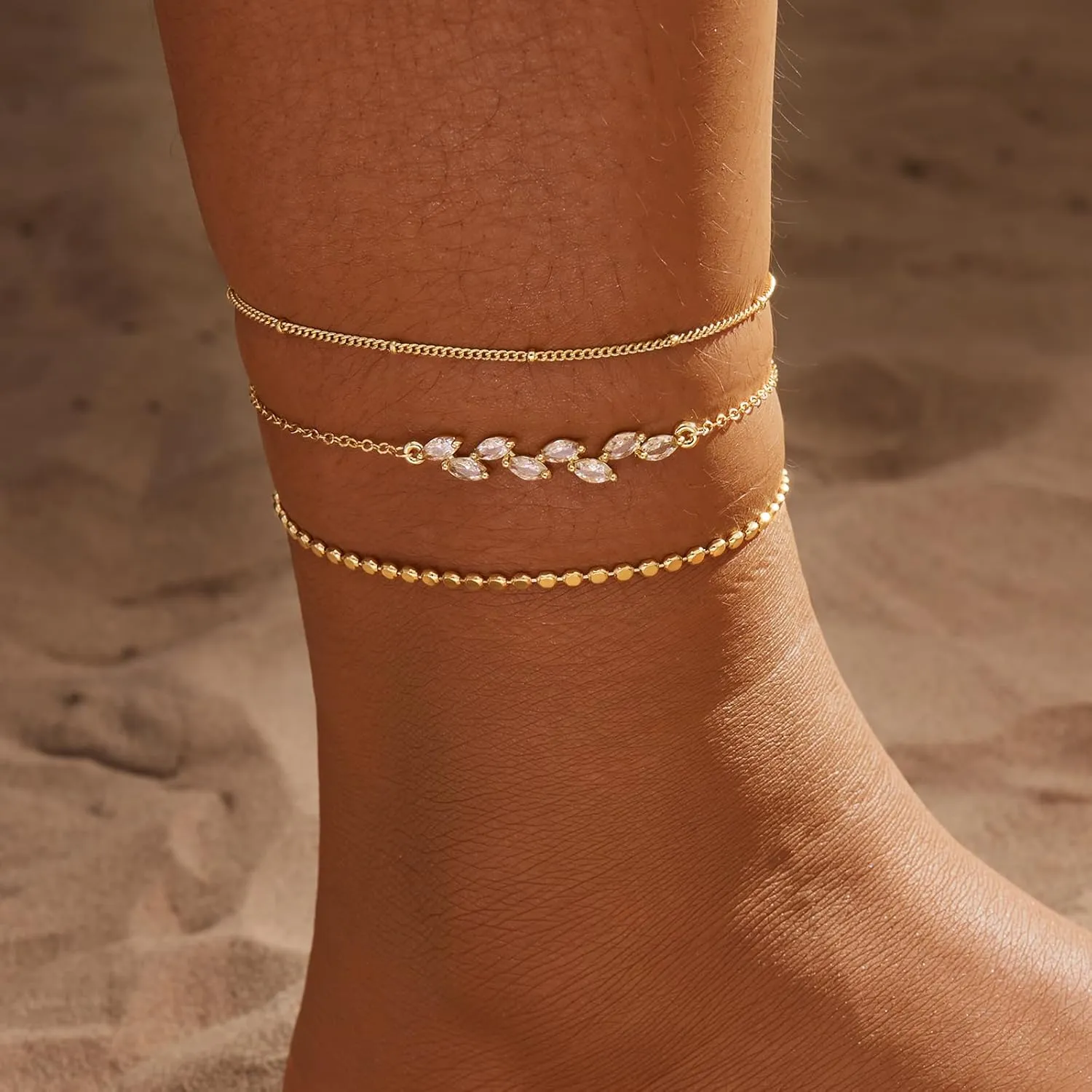 MIDEEO Gold/Silver Ankle Bracelets for Women,14K Gold Anklets for Women Waterproof Cuban Link Heart Beads Herringbone Rhinestone Anklets Set Layered Anklet Bracelets for Women Gold Jewelry Gift
