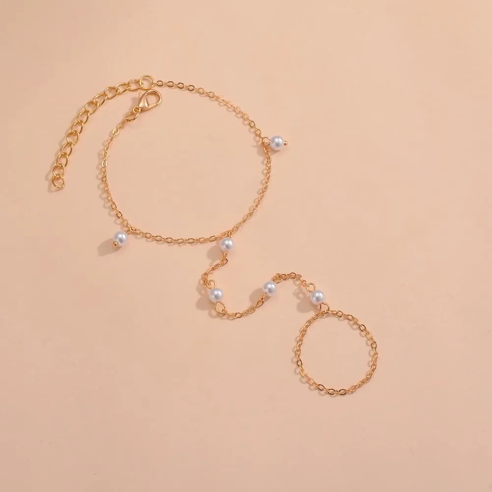 Minimalist Beaded Hand Chain Bracelet for Women trendy Tiny Simple Finger Ring Slave Bracelets Gold Bangle Bracelets Summer Beach Hand Jewelry Gifts