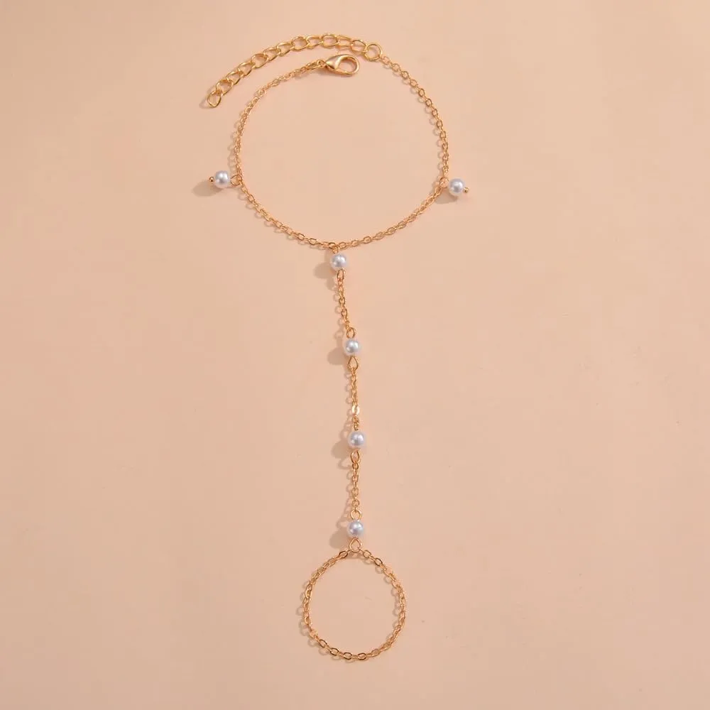 Minimalist Beaded Hand Chain Bracelet for Women trendy Tiny Simple Finger Ring Slave Bracelets Gold Bangle Bracelets Summer Beach Hand Jewelry Gifts