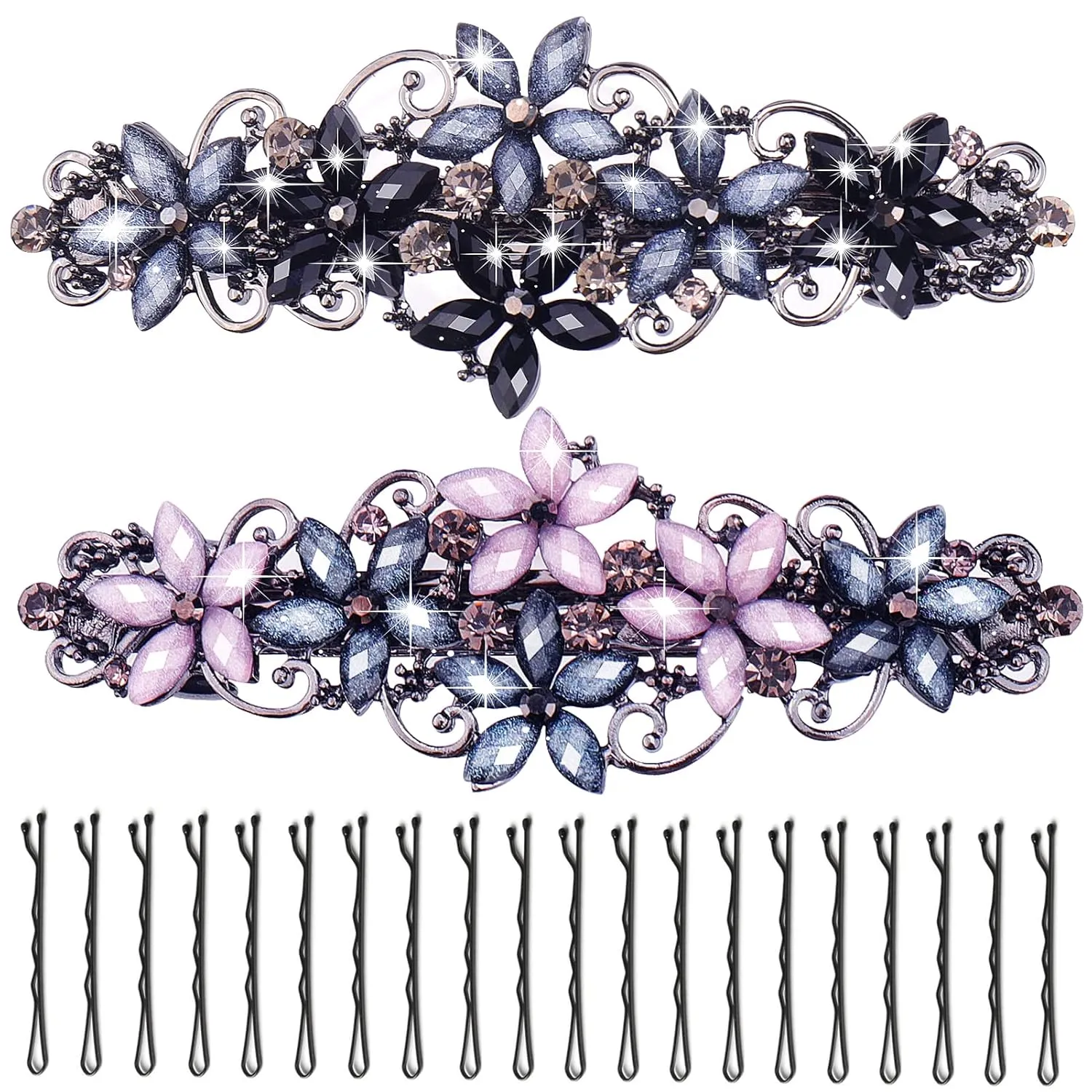 Mity rain Hair Clips for Women, Glitter Elegant Hair Barrettes Rhinestones Flower French Clip Hair Jewelry Hair Pins Accessories for Women Girls (2pcs Hair Clips  20pcs bobby pins)