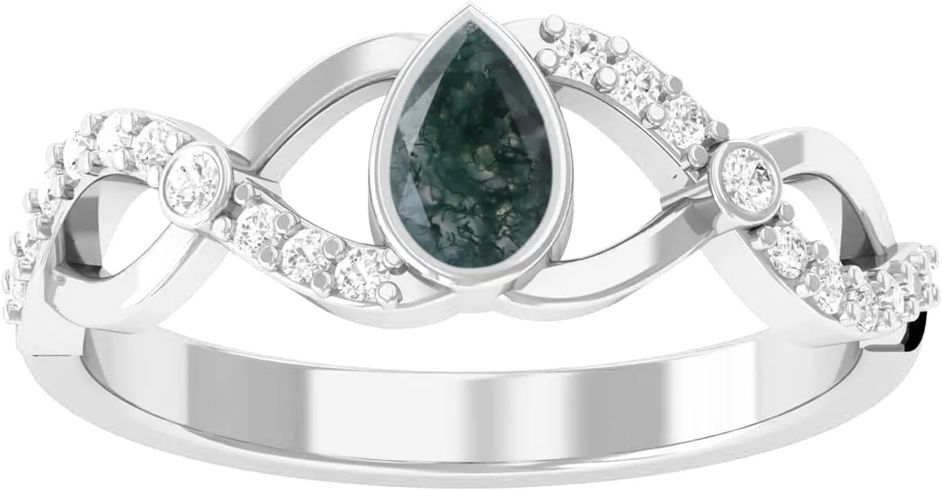 Moss Agate and White Topaz Rings for Women Men Gold Silver, 925 Sterling Silver Rings Jewelry Set, Couples Rings